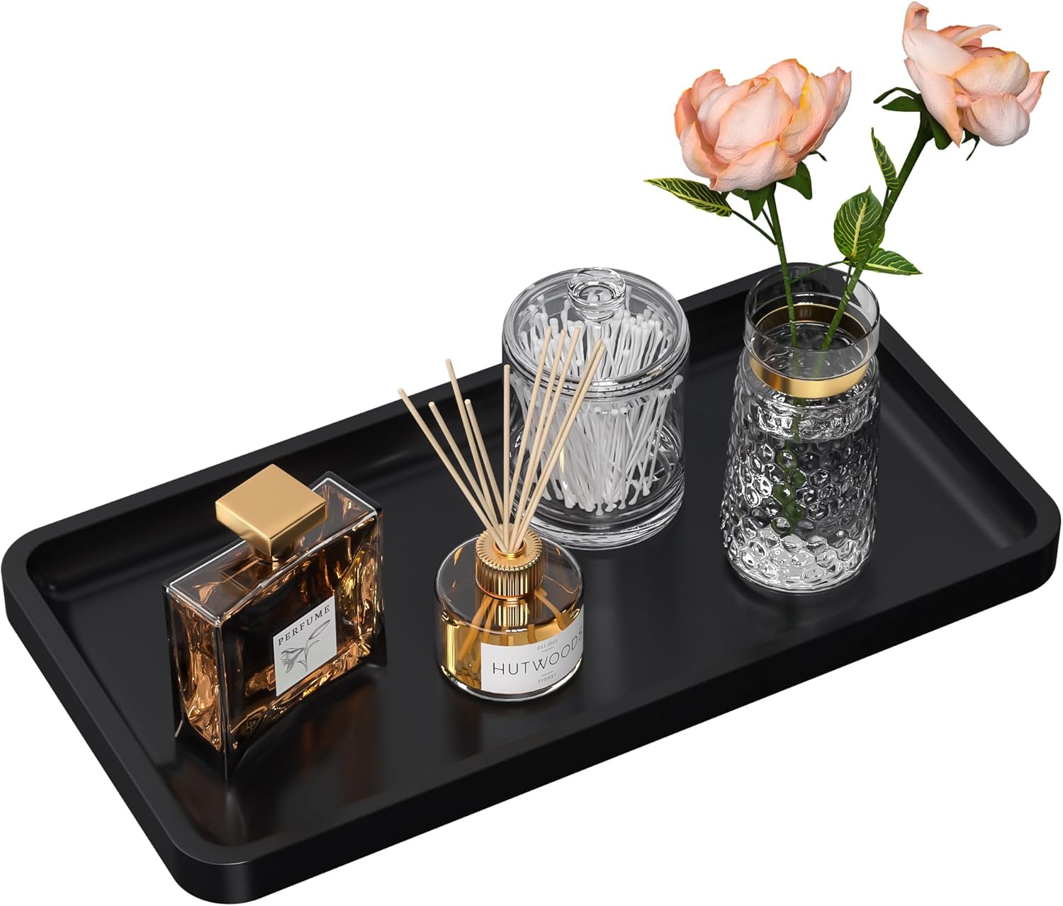 Bathroom Vanity Tray for Countertop - Bamboo Organizer Tray for Dresser Tops, Toilet, Perfume Small Decorative Tray Wood Tray for Home Decoration 11.81” L x 6.1” W x 0.79” H (Black)