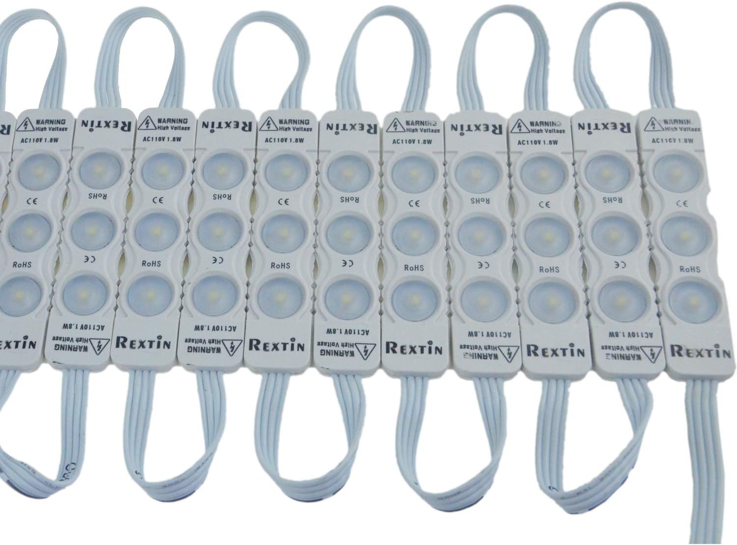 Rextin Super Bright 110V 100pcs New Model 2835 3 LED Module White120-150LM Per Module Waterproof Decorative Light for Letter Sign Advertising Signs with Tape Adhesive Backside (White)