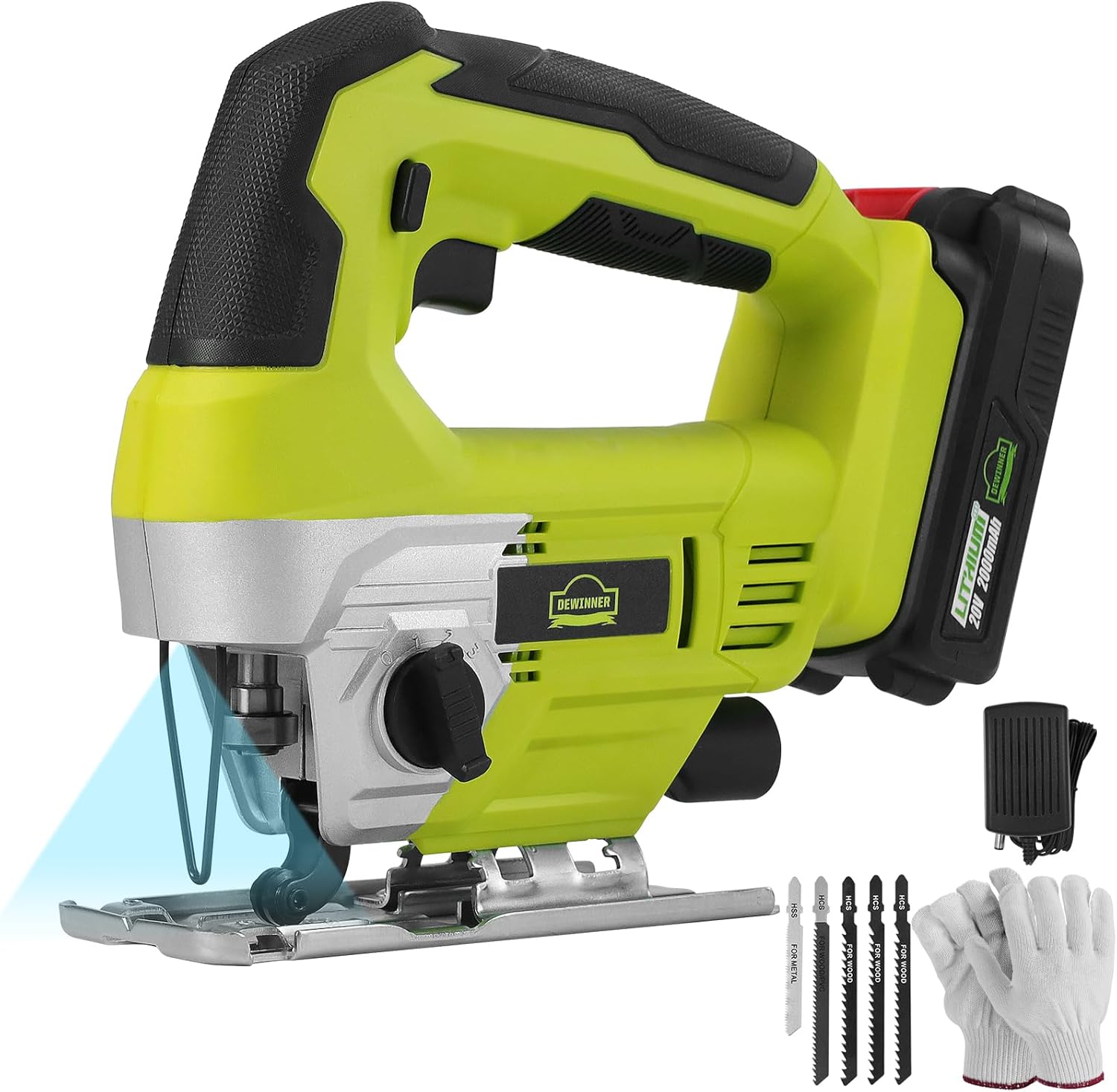 DEWINNER 20V Cordless Jig Saws, Electric Jigsaw with 0-4 Orbital Sets, 2000mAh Battery, ±45°Bevel Cutting Angle,LED Light, 5PCS T-Shank Blades for Wood Metal Cutting