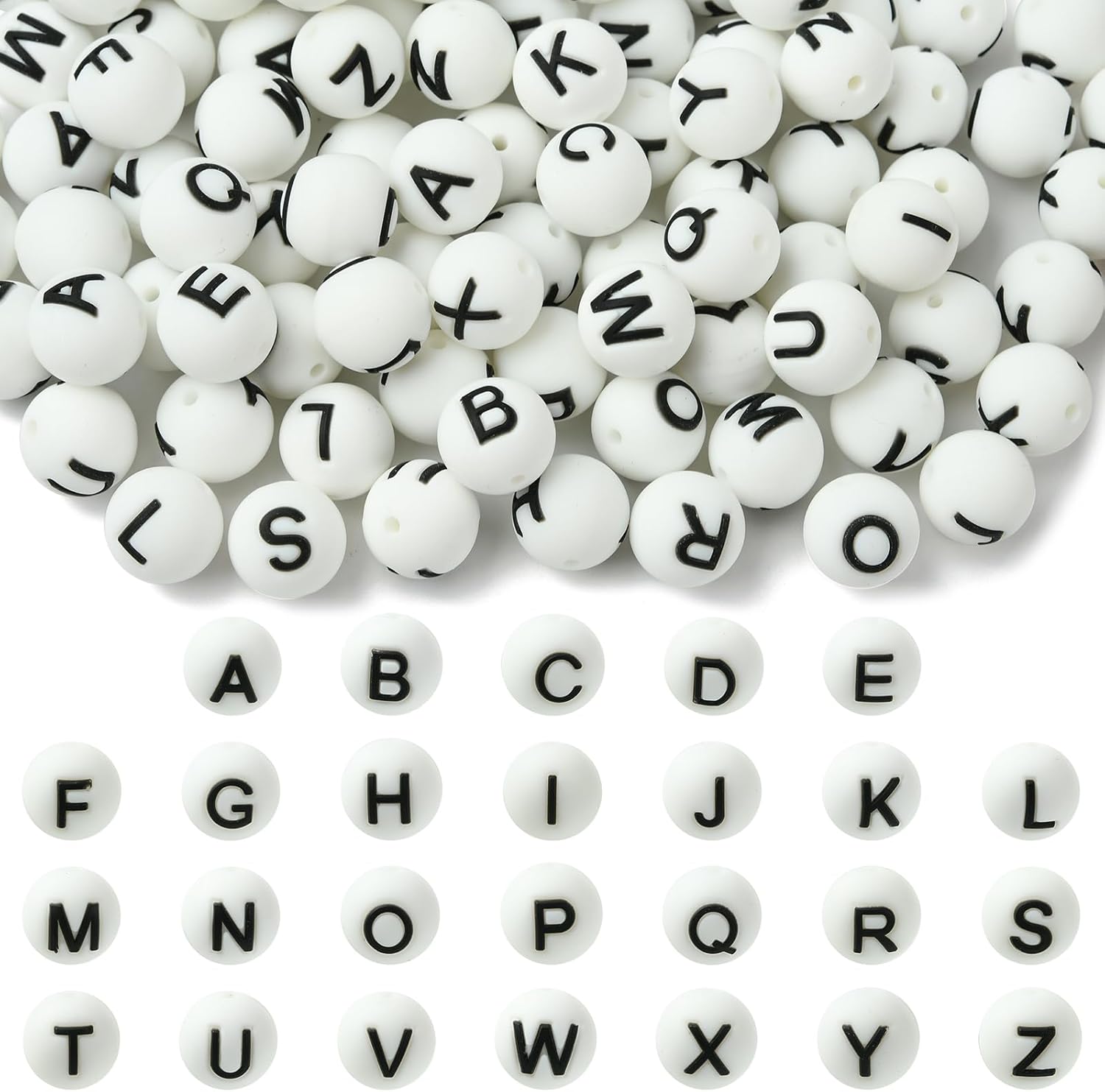 104 Pcs 15mm Silicone Letter Beads for Keychain Making Round Bulk A-Z Alphabet Silicone Beads for Pens DIY Bracelets Necklaces and Other Accessories Making(White)
