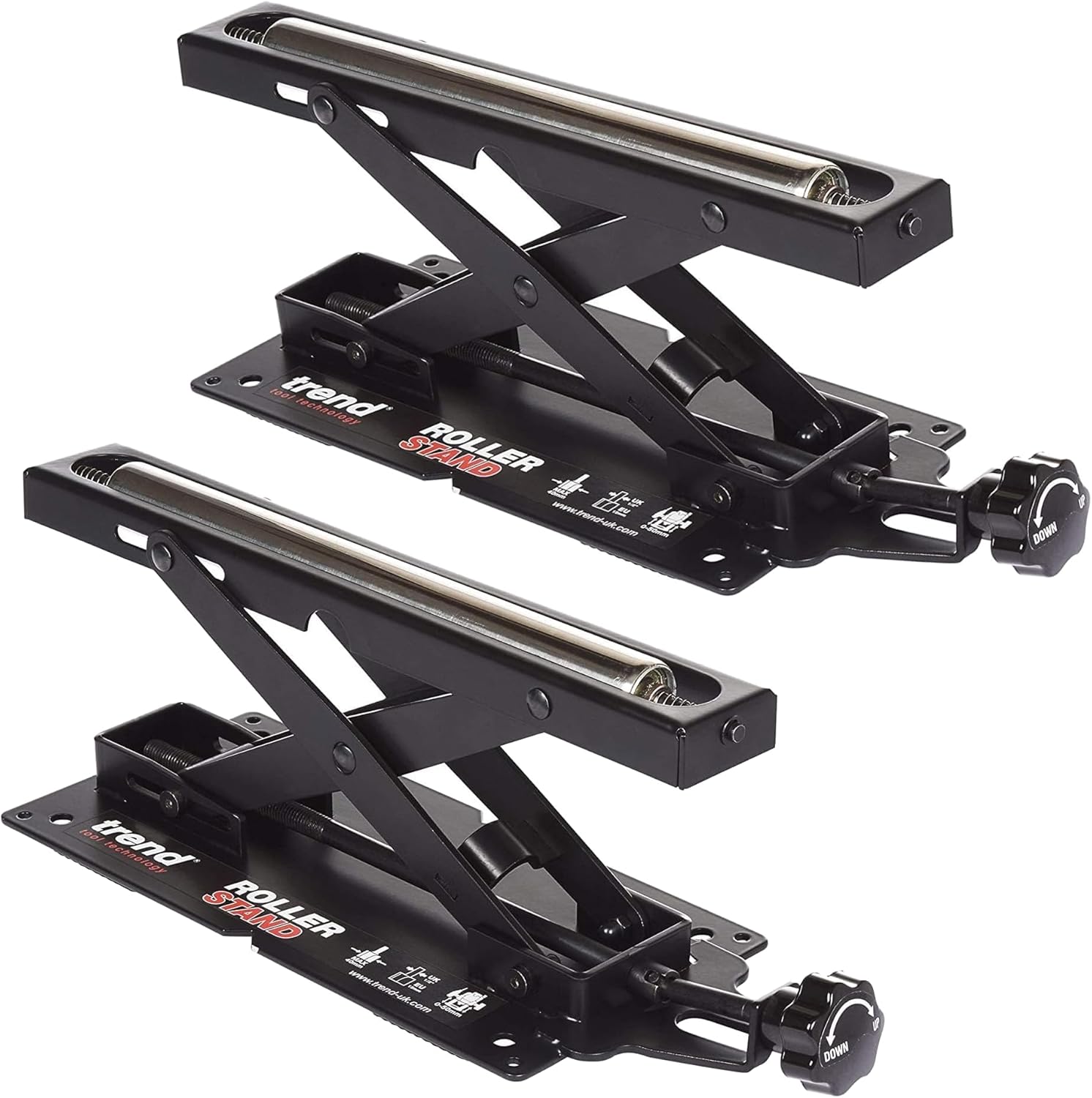 Trend Set of 2 Adjustable Benchtop Mitre Saw Roller Stands, 62kg Capacity and Height Adjustment from 50mm to 160mm, R/Stand/A/2