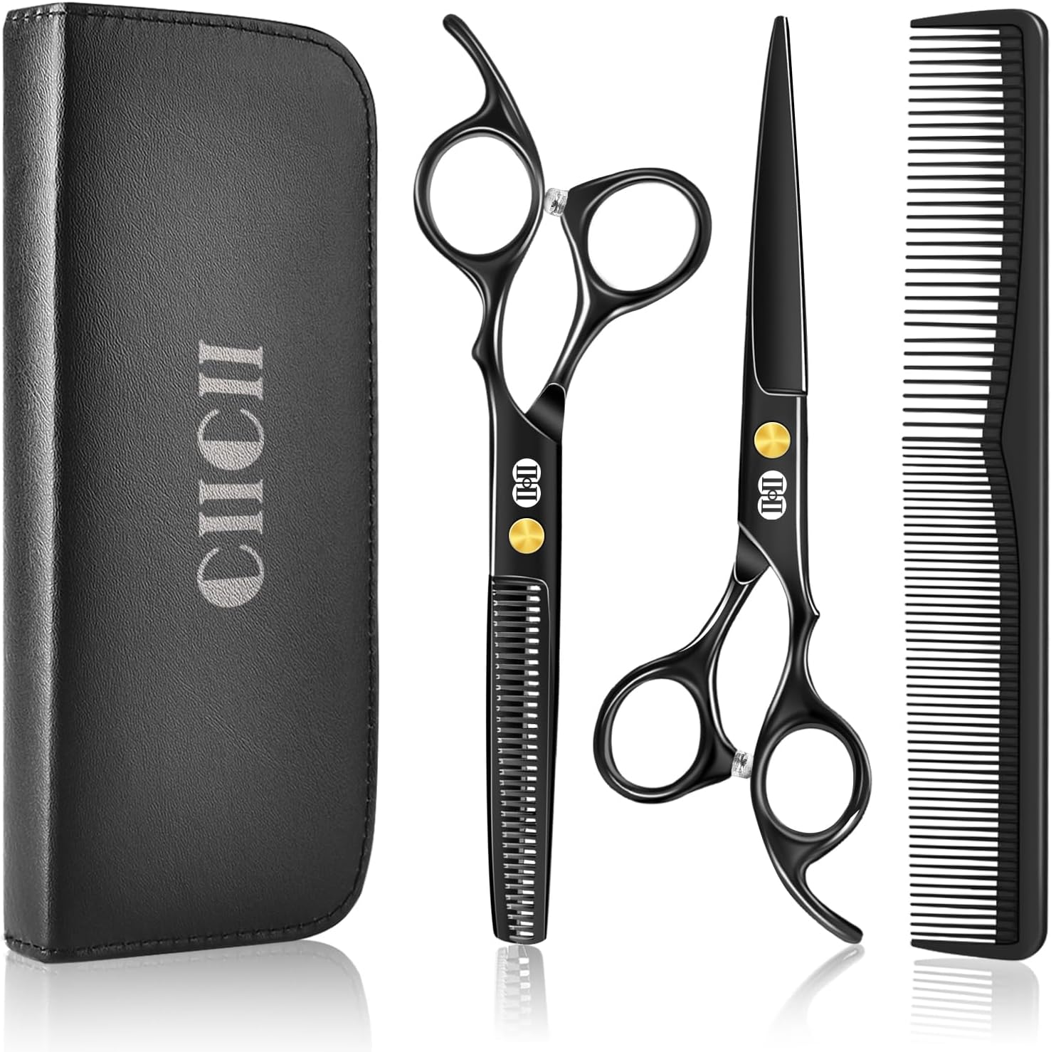 CIICII Hair Cutting Scissors Shears Kit, 6.7″ Barber Scissors Set (Black)