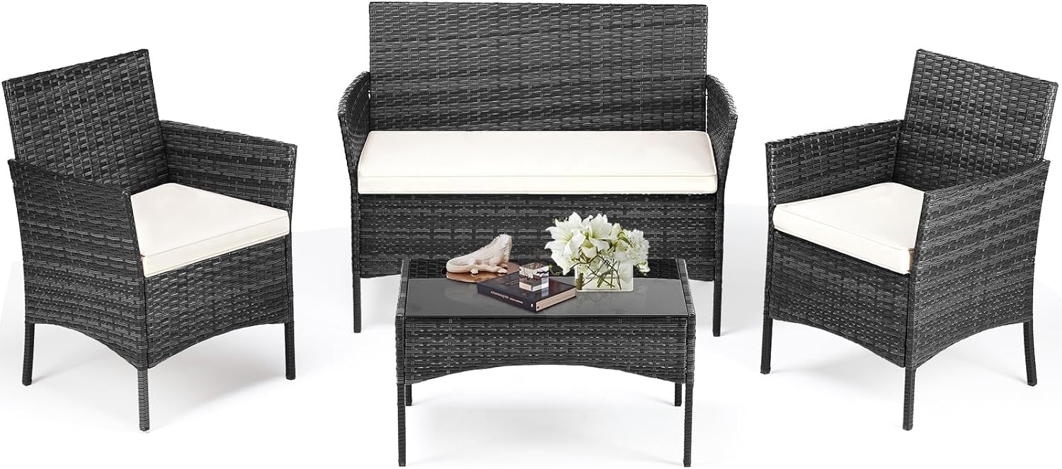 DUMOS Patio Furniture Set 4 Pieces, Outdoor Wicker Furniture with Coffee Table, Modern Rattan Patio Chairs Conversation Sets with Sofa for Garden, Terrace, Porch, Balconies, Lawns, Black