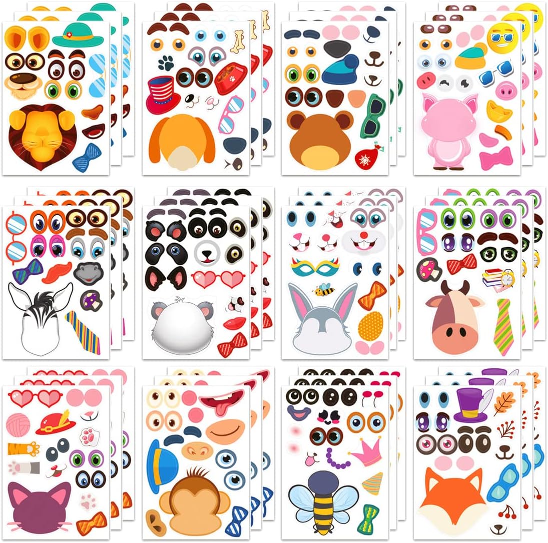 36 Sheets Make a Face Faces Stickers Crafts for Kids Children Toddlers Boys Girls with Different Expressions Cute Kawaii Animals Sticker (A1)