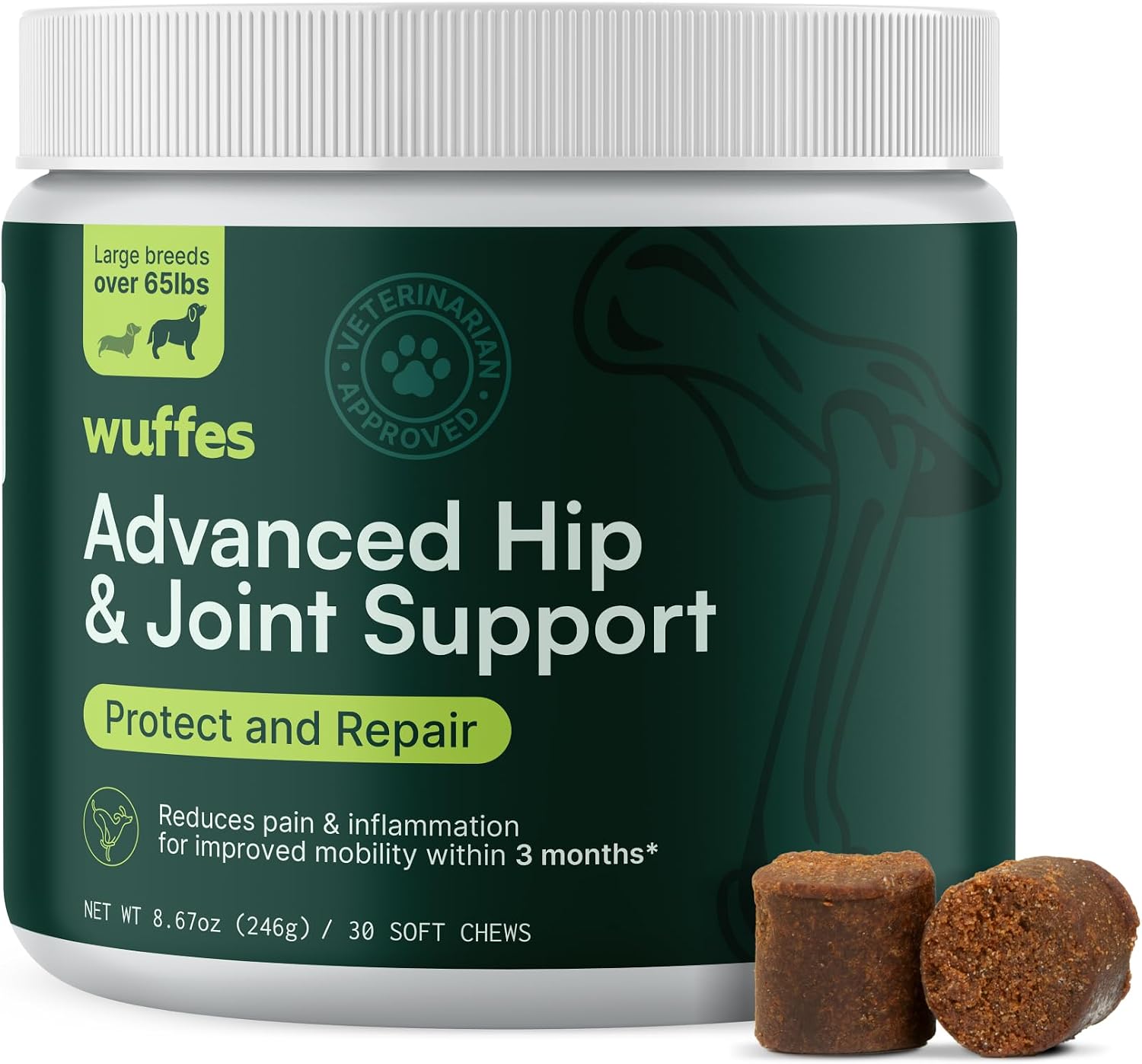 Wuffes Chewable Dog Hip and Joint Supplement for Large Breeds - Glucosamine & Chondroitin Chews - Dog Joint Supplements & Vitamins - Extended Joint Care - 30 Count