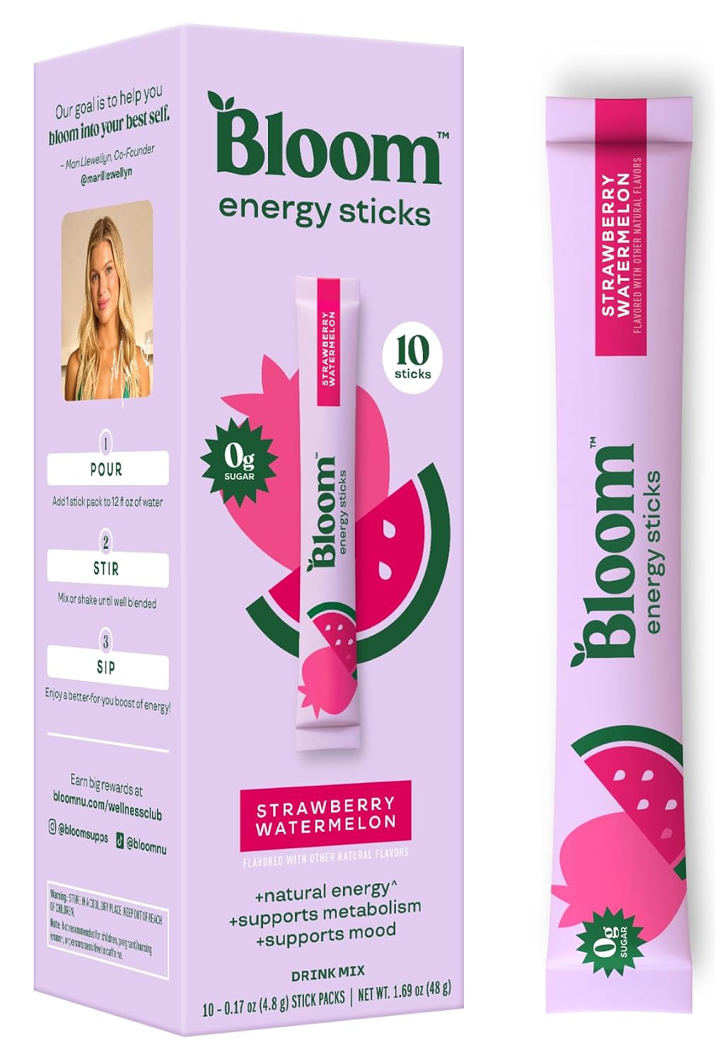 Bloom Nutrition Energy Drink Powder Packets, Strawberry Watermelon, 10 Ct
