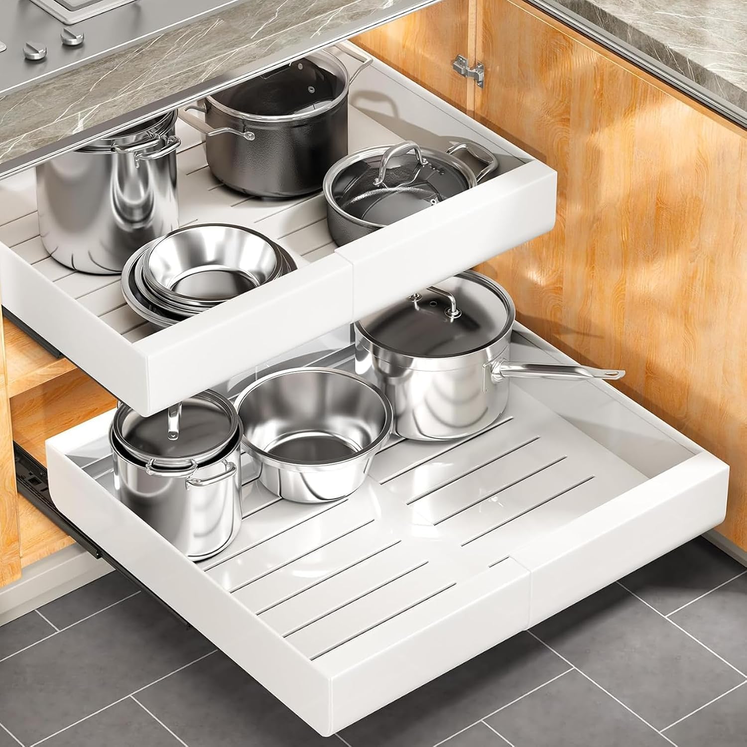 2 Packs Pull out Cabinet Organizer, Expandable(12"-20") Heavy Duty Slide out Drawers Fixed with Adhesive Nano Film for Pots, Roll out Shelf Storage for Kitchen Base Cabinet Organization