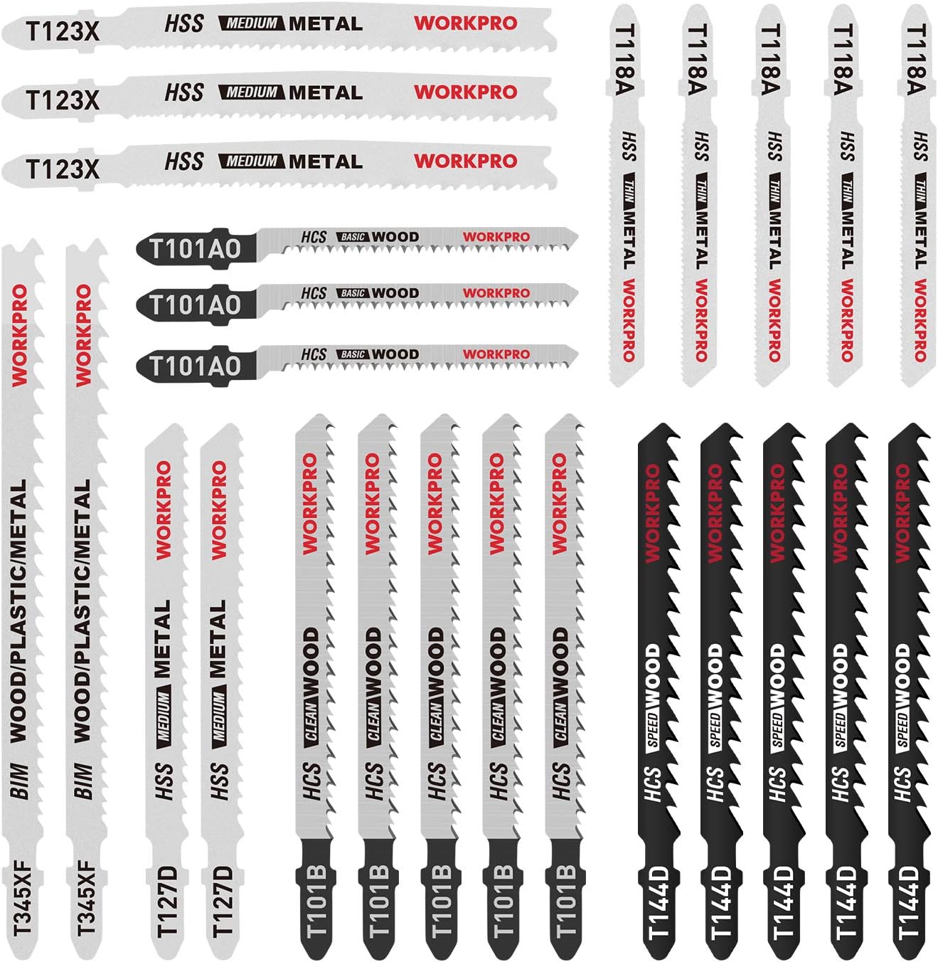 WORKPRO 25-Piece T-Shank Jig Saw Blade Set with Storage Case, Made with HCS/HSS/BIM, Assorted Blades for Wood, Plastic and Metal Cutting