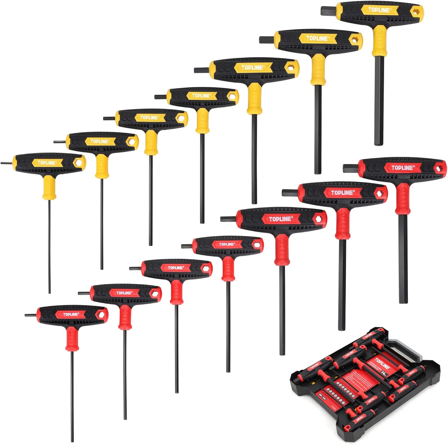Topline 14-Piece Allen Wrench Set, Metric&SAE T-Handle, Long Arm Hex Key Set with Storage Box, Portable Allen Key Set for Basic Home Repair and Mechanical Maintenance
