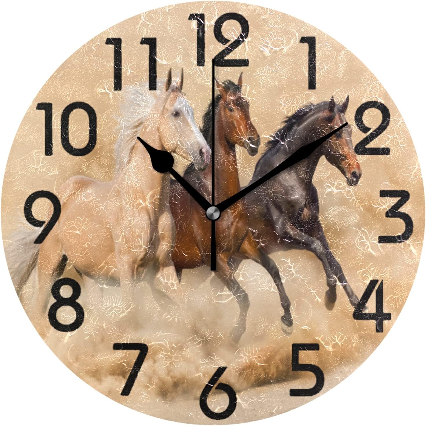Naanle Three Horses Running Desert Round Wall Clock, 9.5 Inch Battery Operated Quartz Analog Quiet Desk Clock for Home,Office,School,Kitchen