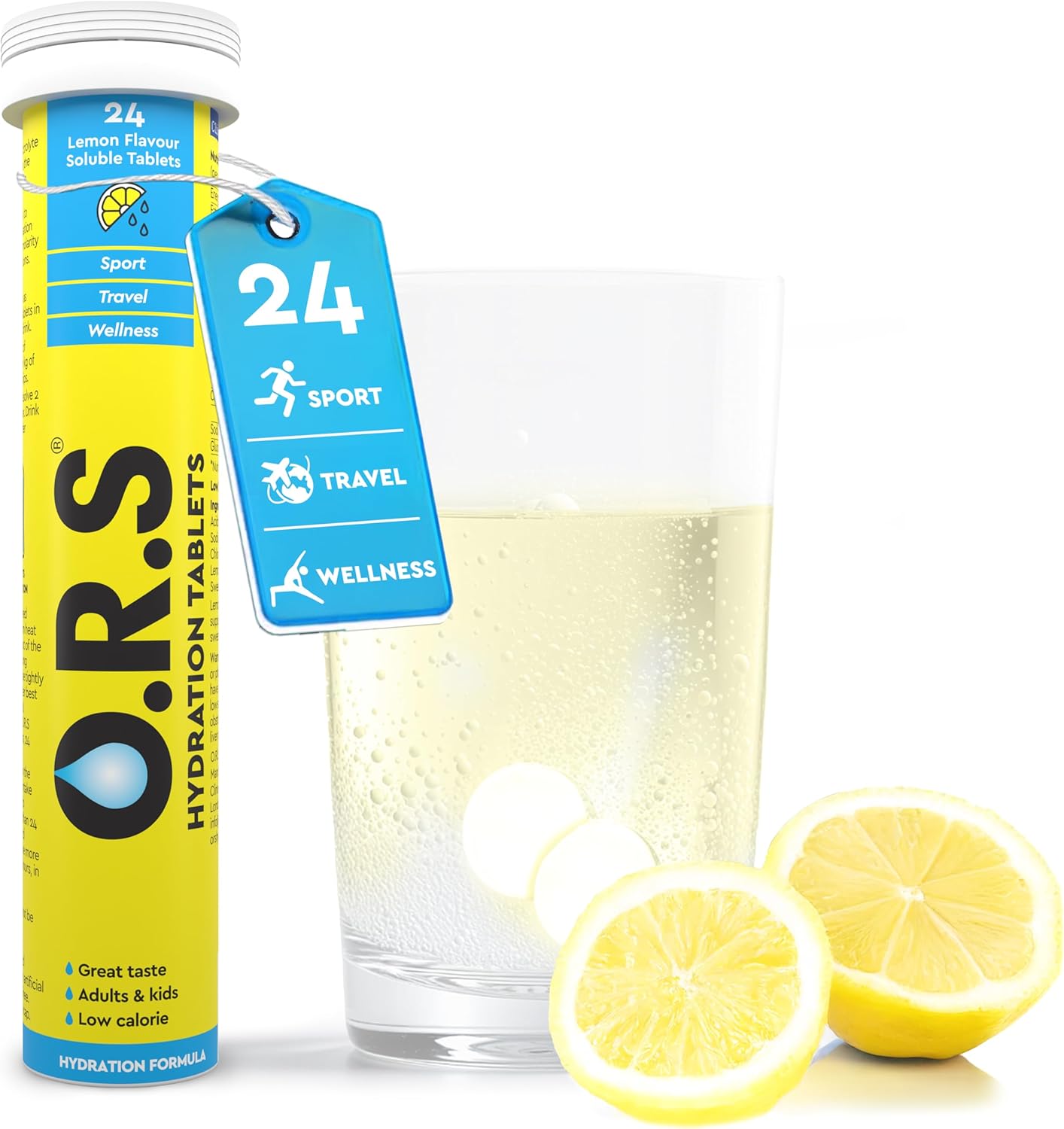 O.R.S Hydration Tablet with Electrolytes for Rehydration, Wellness, Travel, Sports & Recovery Vegan, Gluten-Free & Low-Calorie Electrolyte Tablets with Natural Lemon Flavour, 24 Tablets