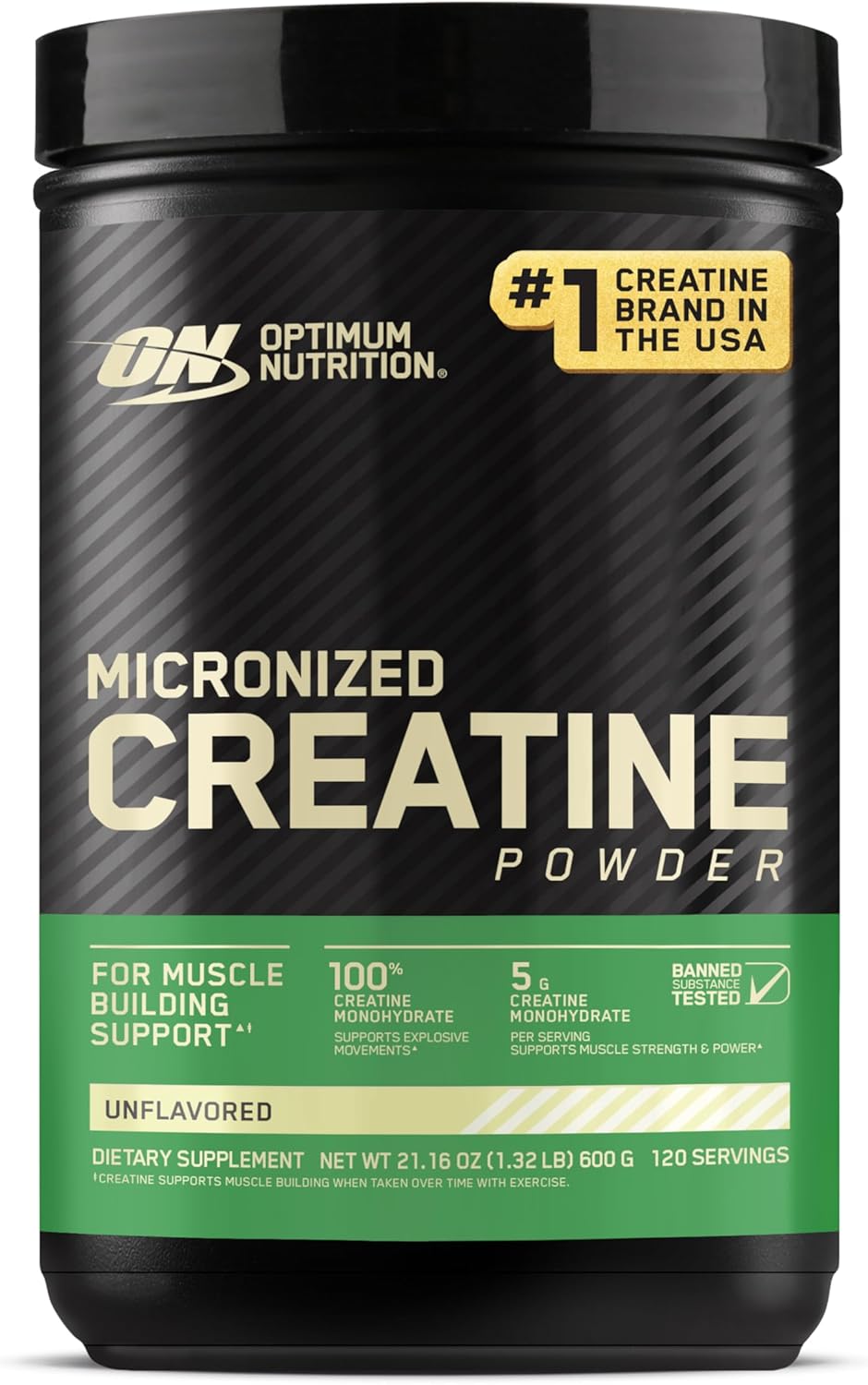 Optimum Nutrition Creatine, Micronized Creatine Monohydrate Powder, Supports Strength & Recovery, Banned Substance Tested, Unflavored, 5 g per Serving, 120 Servings
