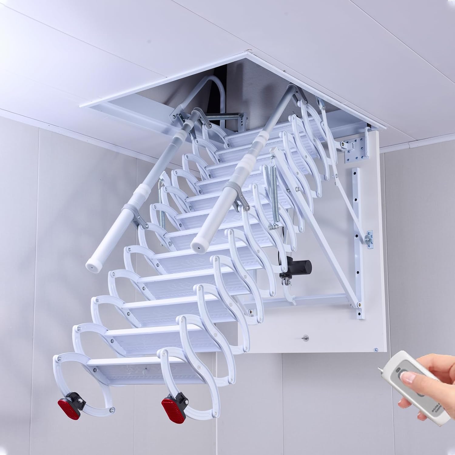 12 Steps Electric Attic Ceiling Ladder, Retractable Pull Down System Attic Stair, Invisible Folding Ceiling Loft Ladder with Telescoping Handrail, Extension Steps Staircase for Home (White, Steps 12)