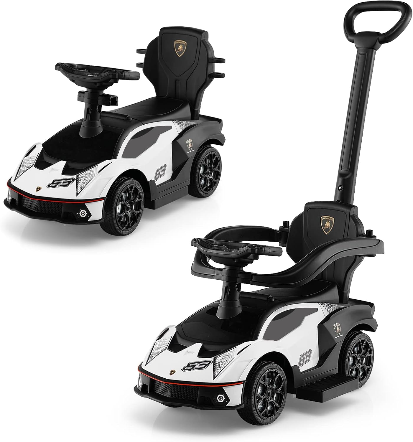 COSTWAY 3 in 1 Ride on Push Car, Licensed Lamborghini Foot to Floor Slider with Removable Push Handle & Guardrail, Horn Sound and Under Seat Storage, Toddler Slider Walker for Boys Girls (White)