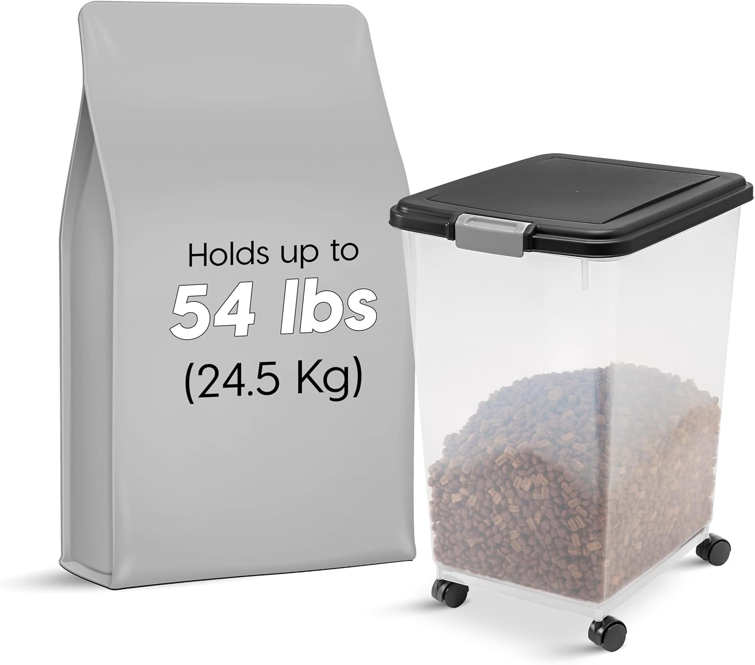 IRIS USA Airtight Dog Food Storage Container, Up to 54 lbs, Attachable Wheels, For Dog Cat Bird and Other Pet Food Storage Bin, Keep Fresh, Translucent Body, Easy Mobility, Black