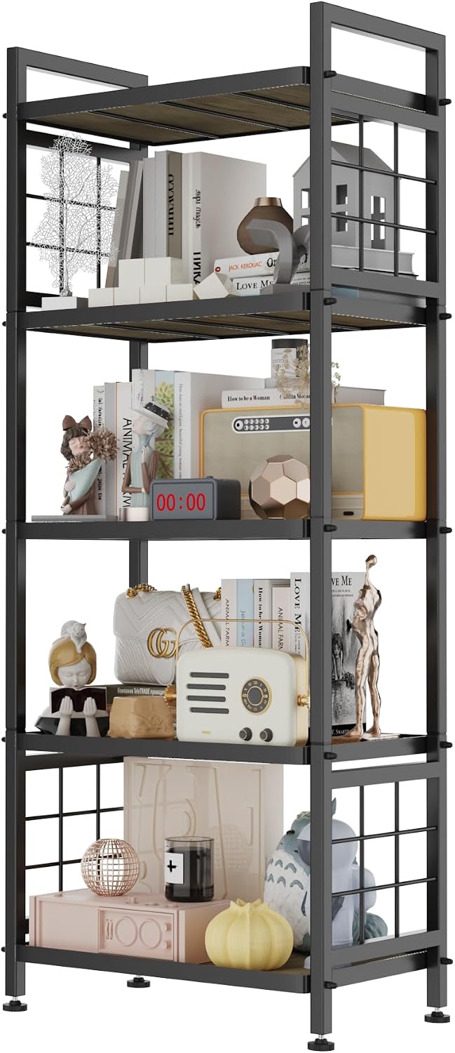 GIOTORENT 5-Tier Pantry Shelves with Wooden Boards, Heavy Duty Storage Shelves & Book Shelf, Adjustable Metal Shelving Unit for Kitchen Bathroom Laundry Organizer, Sturdy Rust-Resistant, Black