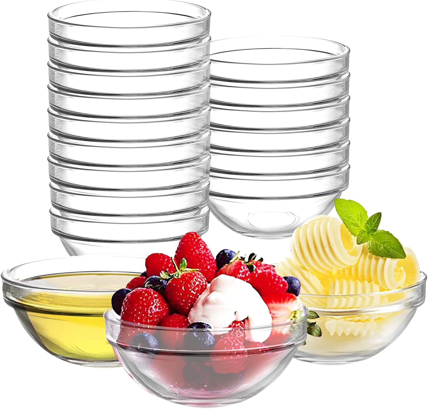 Etolies 18 pack 4 Inch(7oz) Glass Prep Pinch Bowls,Mini Clear Small Glass Bowls Set of 18,Serving Bowls Stackable for Kitchen Prep, Dips,Cooking Toppings,Condiments