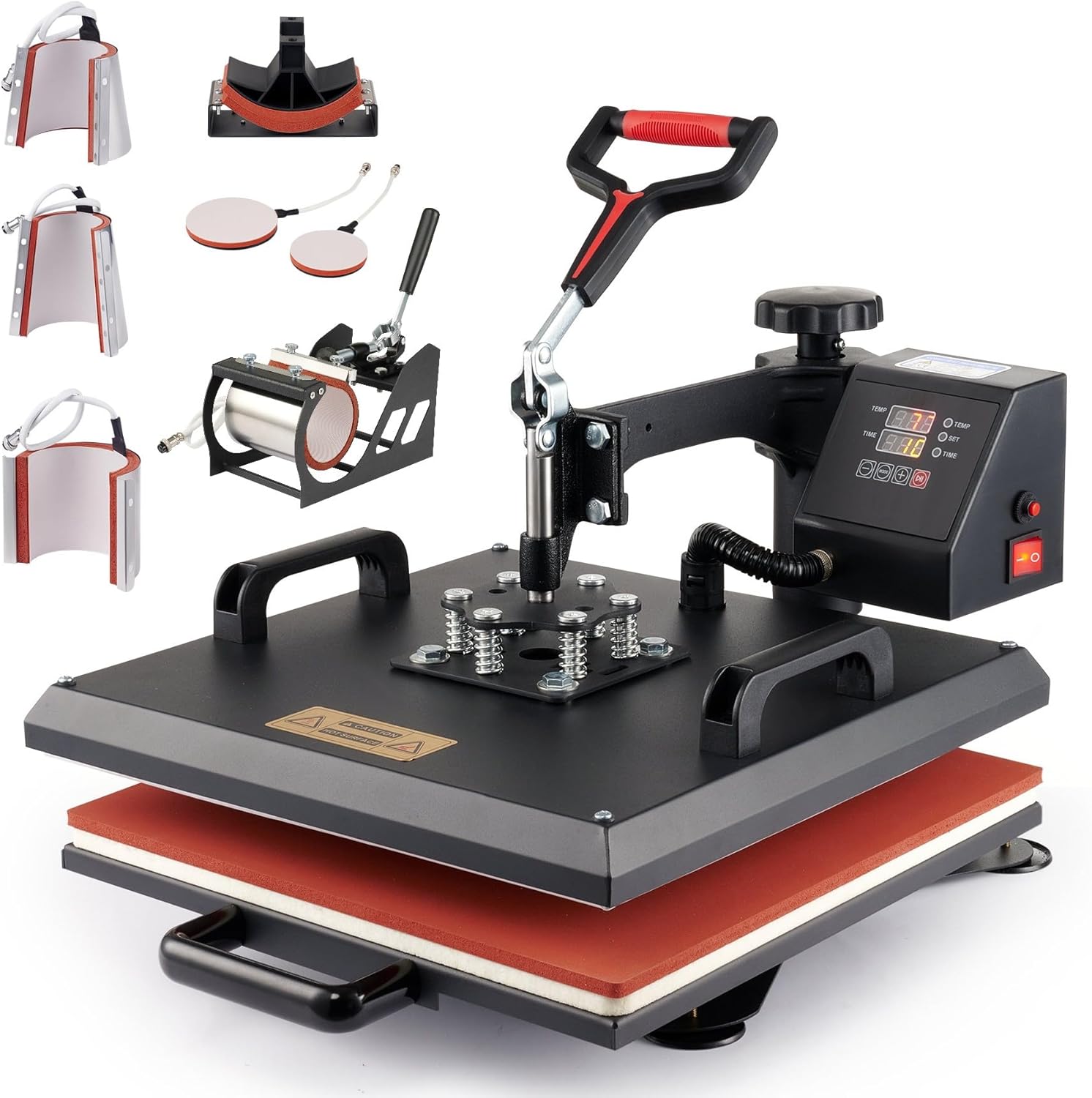 CREWORKS 8 in 1 38X38CM Heat Press Dual Digital Control 360 Degree Swivel Heat Press Machine Multipurpose Combo Kit Sublimation Heat Press Machine for T Shirts, Mug, Hat, Plate, Cap (38x38cm 8in1)