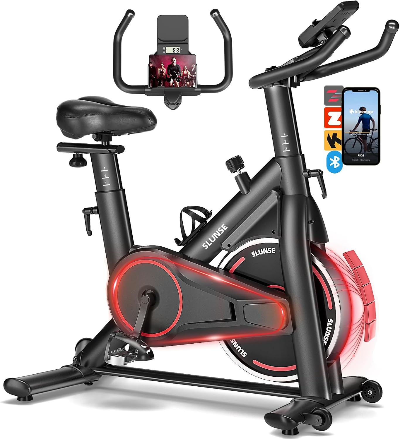 Exercise Bike, Magnetic Resistance Stationary Bikes for Home with App Compatible, Silent Indoor Cycling Bike with 350lbs Weight Capacity Comfortable Seat, Digital Monitor & Phone Mount, Light Red
