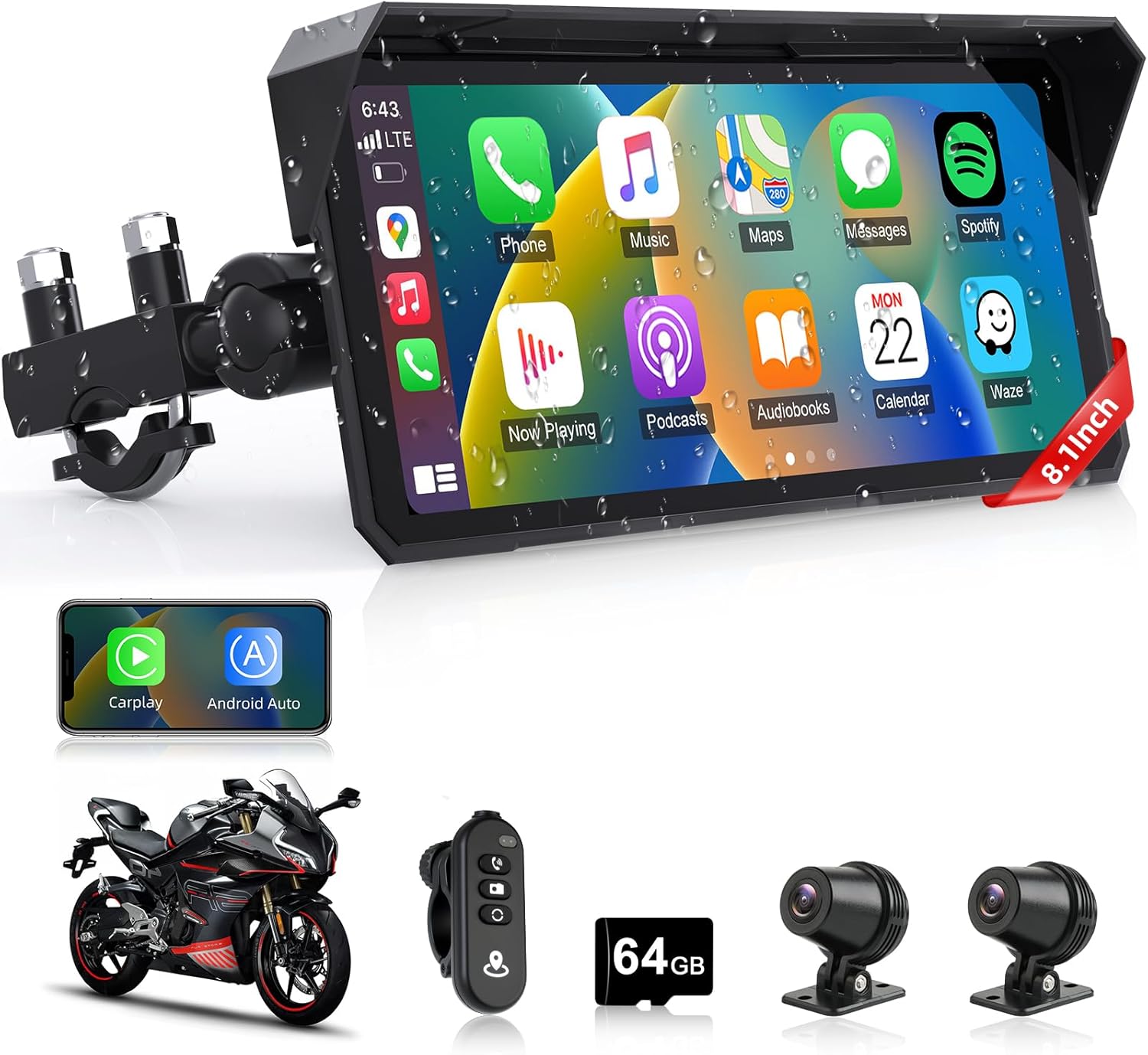 8.1 Inch 4K Motorcycle CarPlay Screen w 4K Dash Cam Wireless Carplay Android Auto Screen for Motorcycle with GPS Navigation Voice Control WiFi Video Transmission Dual Bluetooth IPX7 Waterproof TF-64G