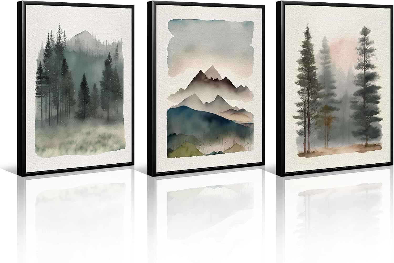 Mountain Forest Wall Art Decor Watercolor Landscape Canvas Pictures Natural Abstract Wall Art Painting Tree Forest Poster Prints Modern Artwork for Living Room Bedroom 16x24 Inch Framed Set of 3