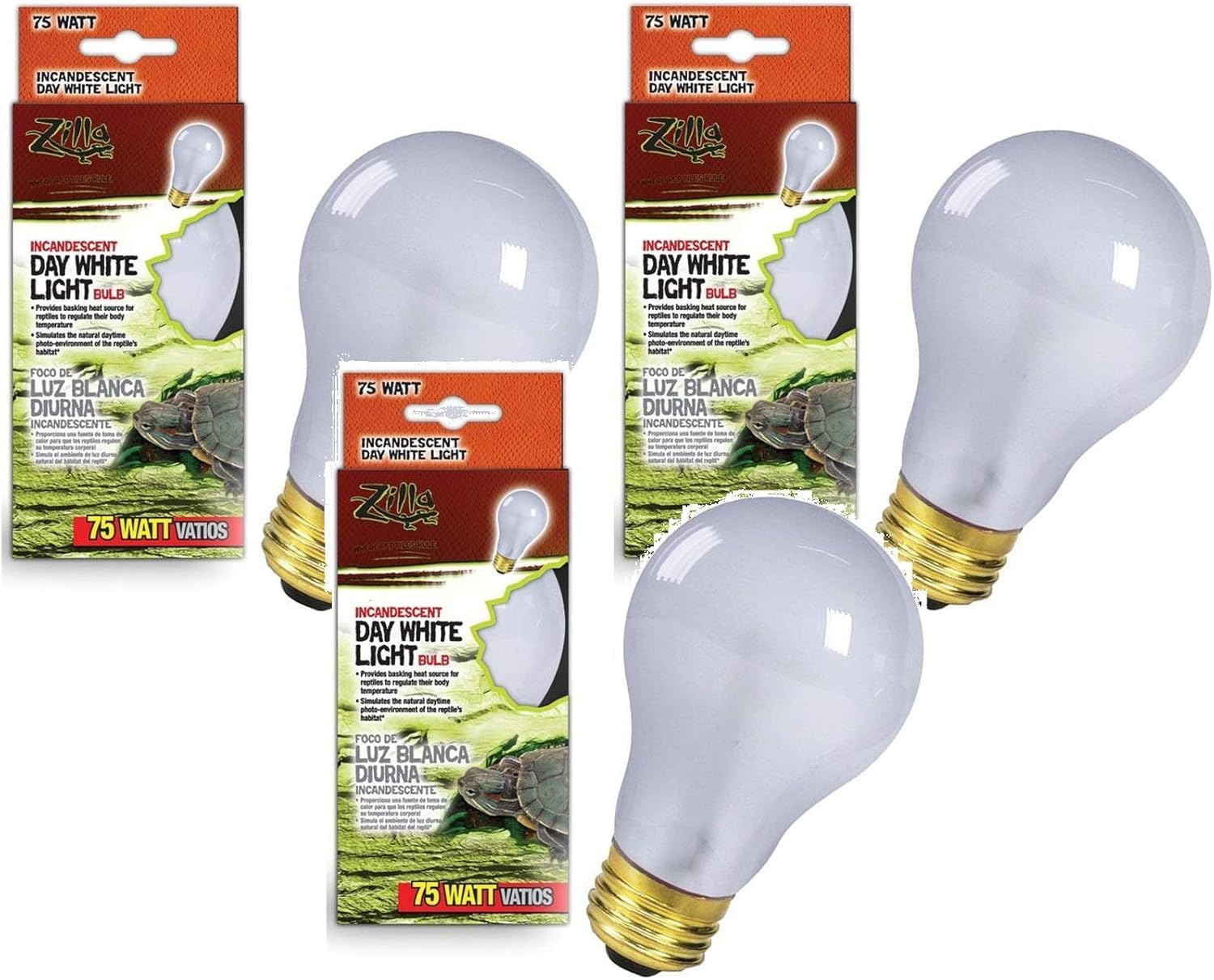 Zilla (3 Pack) Incandescent Bulb, Day White Light & Heat, 75 Watt