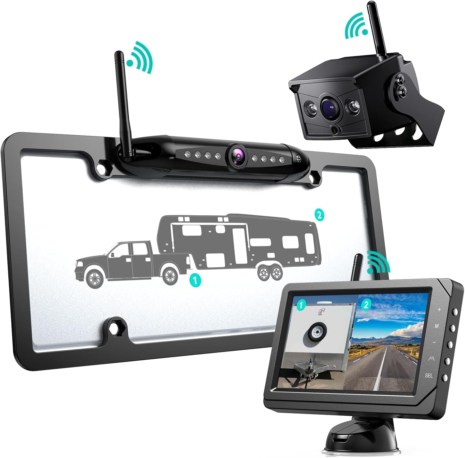 Nuoenx Backup Camera for RV, Split Screen 5 Inch HD Monitor W/Wireless License Plate Backup Camera & Wireless Rear View Camera, IR Night Vision Waterproof For Trailer, 5th Wheel