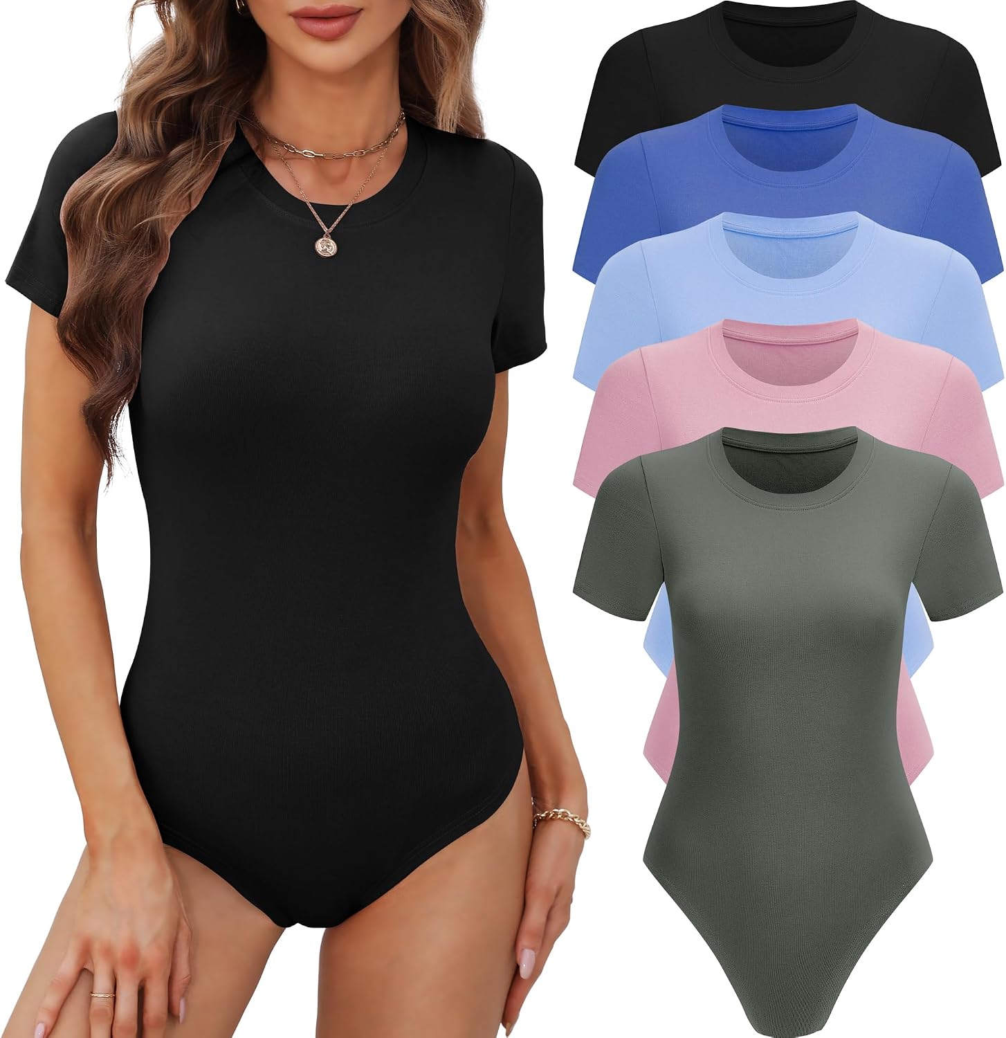 BALENNZ Women's 4/5 Pack Short Sleeve Round Neck Bodysuit Tops Crew Neck Basic Casual Tshirt Bodysuits