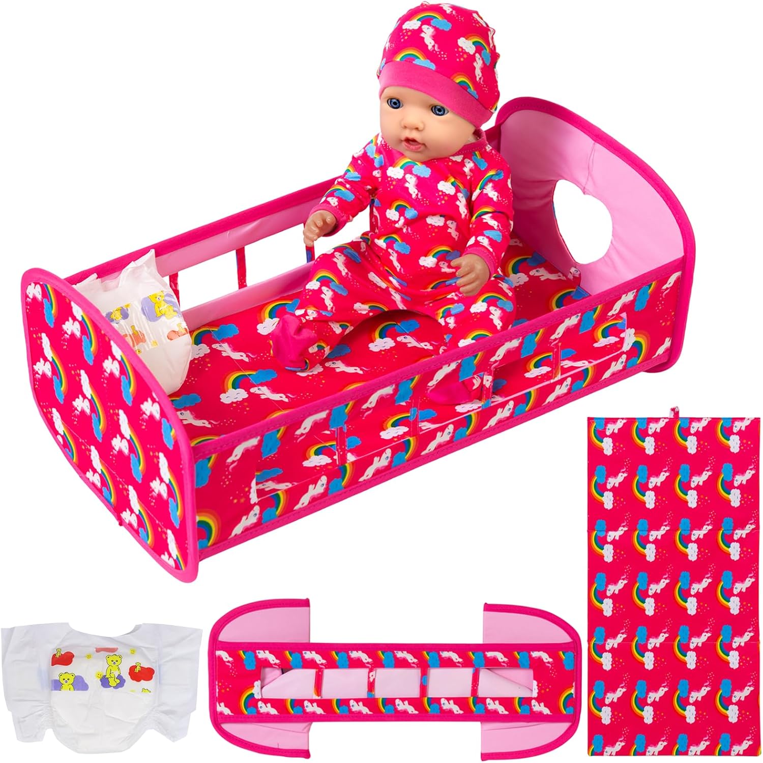 K.T. Fancy 5 PCS 18 Inch Girl Doll Bed and Accessories Furniture Includes Doll Bed Clothes Rainbow Hat and Diaper Fit for 16-18 Inch Doll 15 Inch Baby Doll for Child