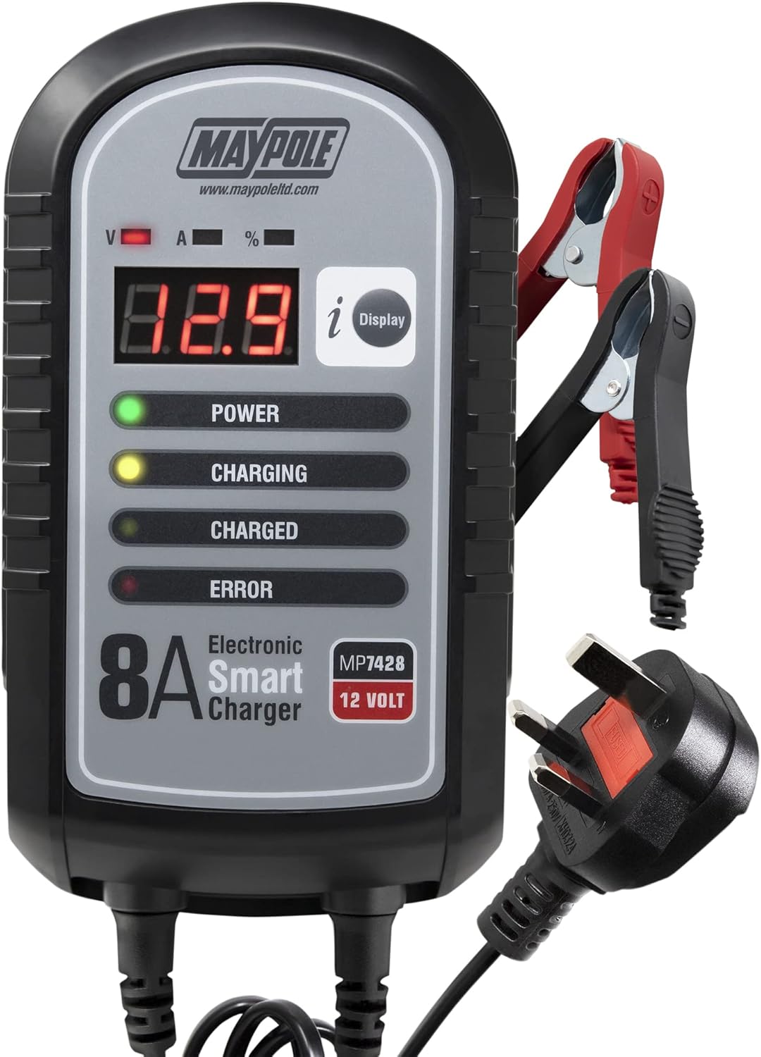 Maypole 8A 12V Electronic Smart Car Battery Charger Fully Automatic 9 Stage Charging Cycle Lead Acid AGM Car Van Caravan Motorhome Tractor