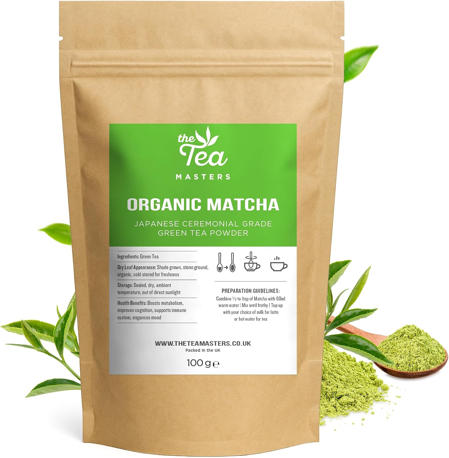 Tea Masters Organic Ceremonial Grade Matcha Tea Powder (1 x 100g)