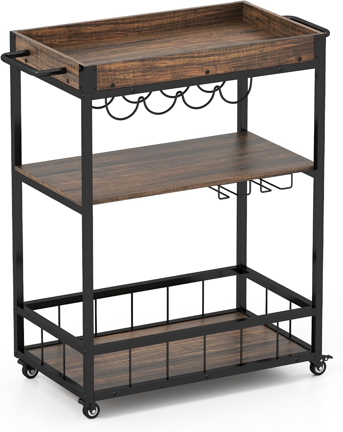 TANGZON 3 Tiers Kitchen Trolley with Removable Tray, Steel Frame Rolling Serving Bar Cart with Wine Rack, Glass Holders & Wheels, Industrial Home Bar Drinks Trolley (with Wine Rack, 67x40x89cm)