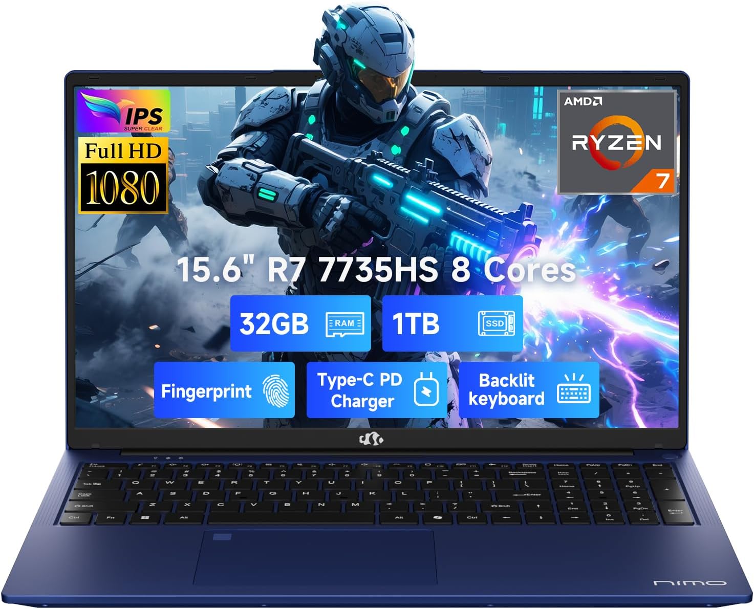 NIMO 15.6" IPS FHD Gaming-Laptop, AMD 8 Cores Ryzen 7 7735HS 32GB DDR5 RAM 1TB SSD (Beats i7-12650H, Up to 4.75GHz) Computer with Radeon 680M 100W Type-C Backlit Keyboard Fingerprint Unlock, Blue