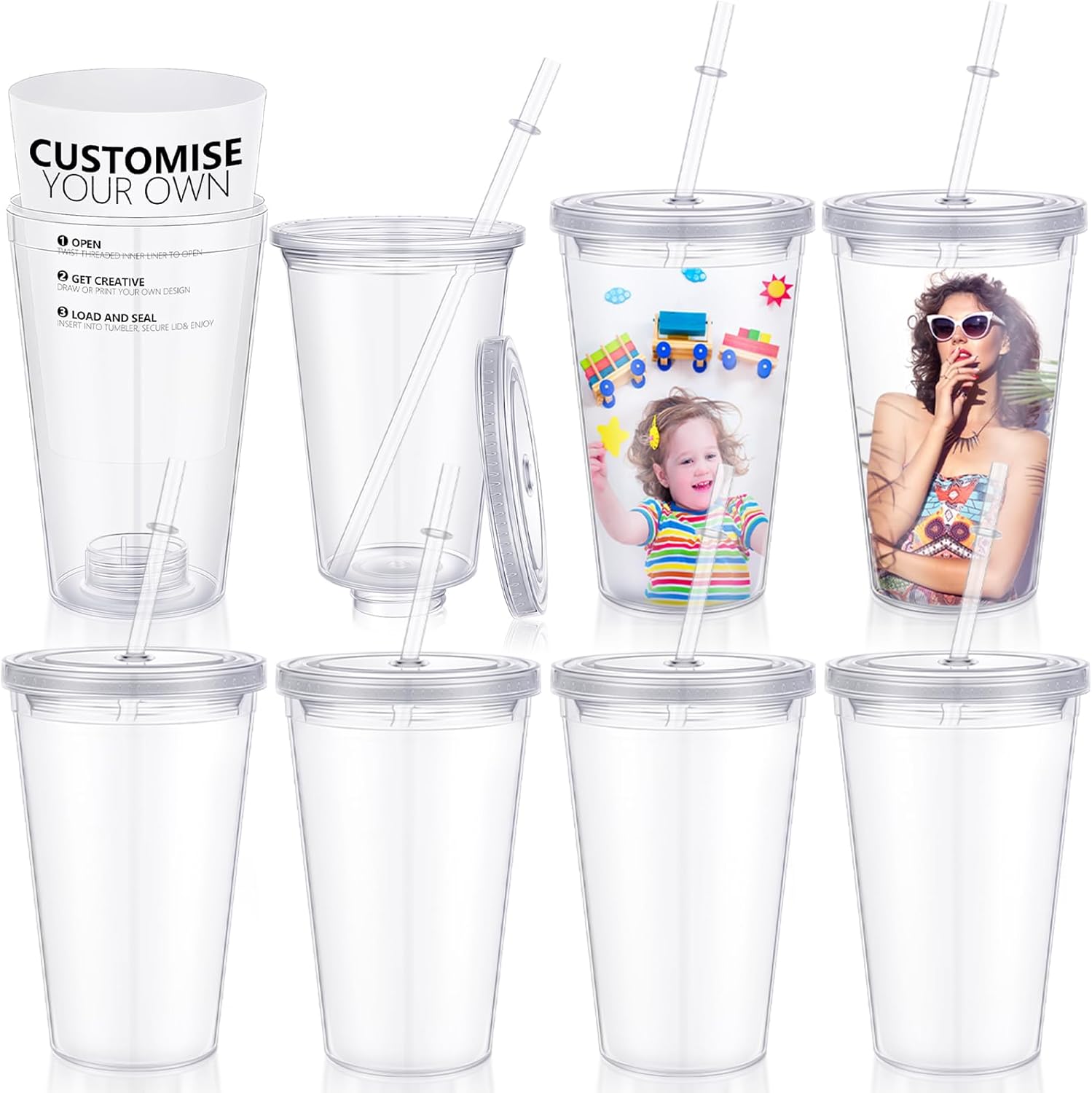 Vesici 4 Pcs Customizable Paper Insert Insulated Double Wall Cup 16 oz Clear Acrylic Reusable Cups with Lids Straw DIY Cardboard Large Capacity Customized Cup for Iced Coffee Cold Hot Drinks