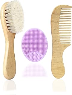 Baby Hair Brush with Wooden Handle and Comb Set for Newborns & Toddlers | Natural Soft Goat Bristles l Wood Comb l Purple Silicone Brush| Ideal for Cradle Cap (3 Piece)