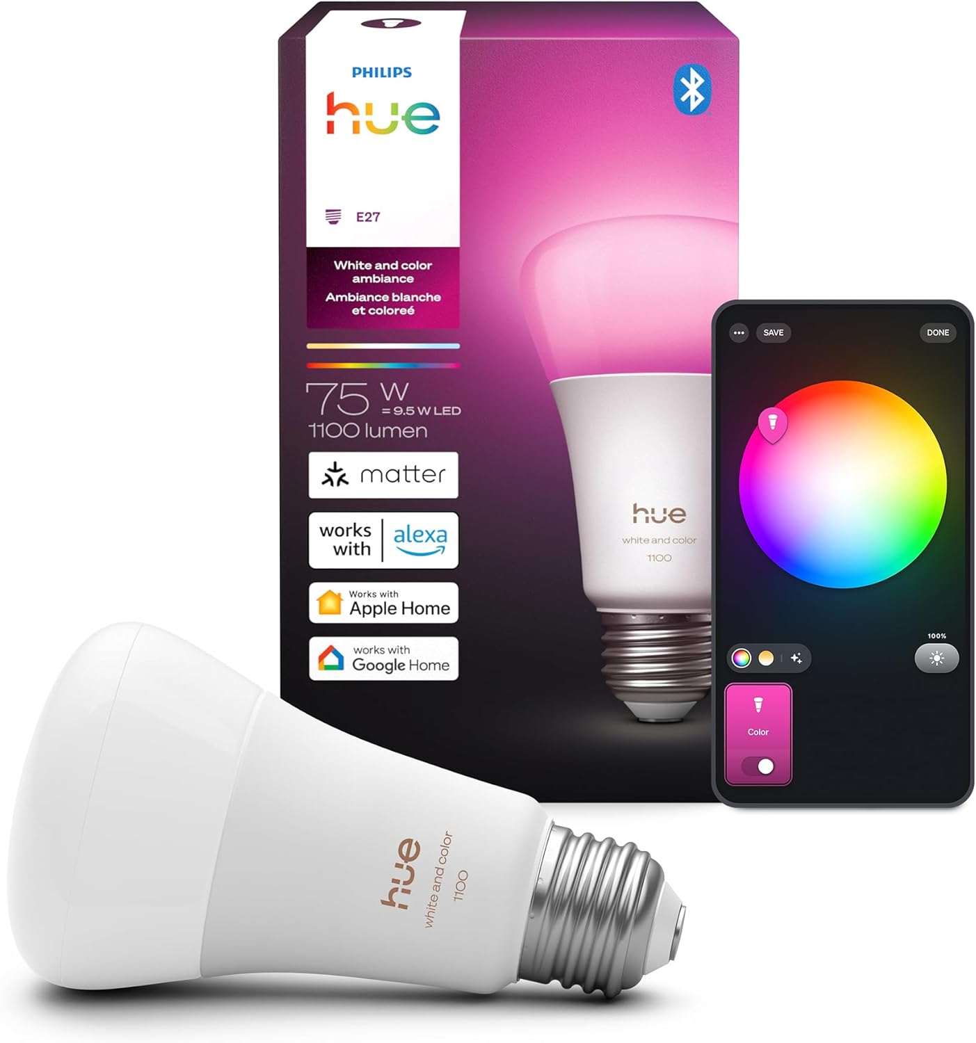 Philips Hue Smart LED A19 Bulb, 1 Pack, White & Color Ambiance, E27 Base, 9.5W, Full Spectrum Light 1000K-20000K, 1100 Lumens, Dimmable LED Bulbs, Works with Alexa, Google,& Apple Home