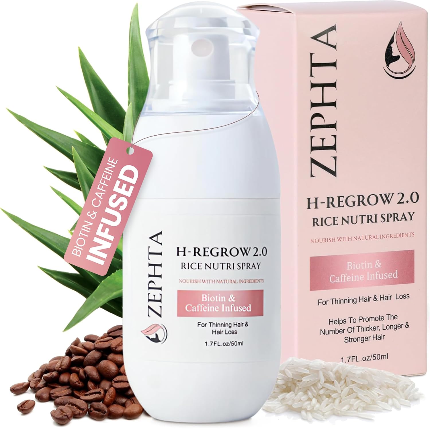 Zephta H-Regrow Hair Growth Spray With Rice Water, Biotin, Aloe Vera, Caffeine, and Ginger Hair Growth Product for Men and Women For Thinning Scalp