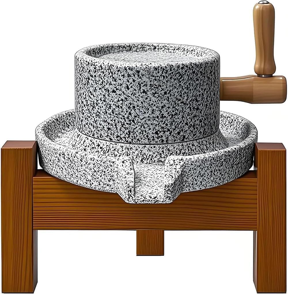 Stone Grain Mill Grinder for Home - Handmade Countertop Wheat & Flour Disk Grinder with Wooden Stand for Bread, Tortillas, Spices