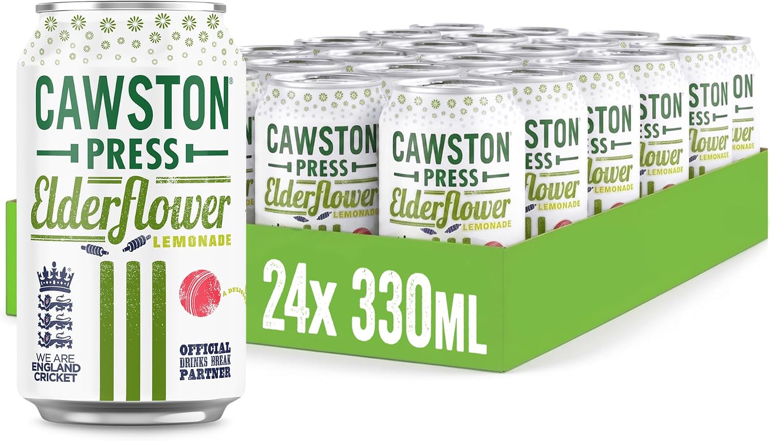 Cawston Press Elderflower Lemonade Fizzy Drink Blended with Sparkling Water and Pressed Apple Juice (330ml x 24 cans) | Gluten Free - Vegan - No Added Sugar