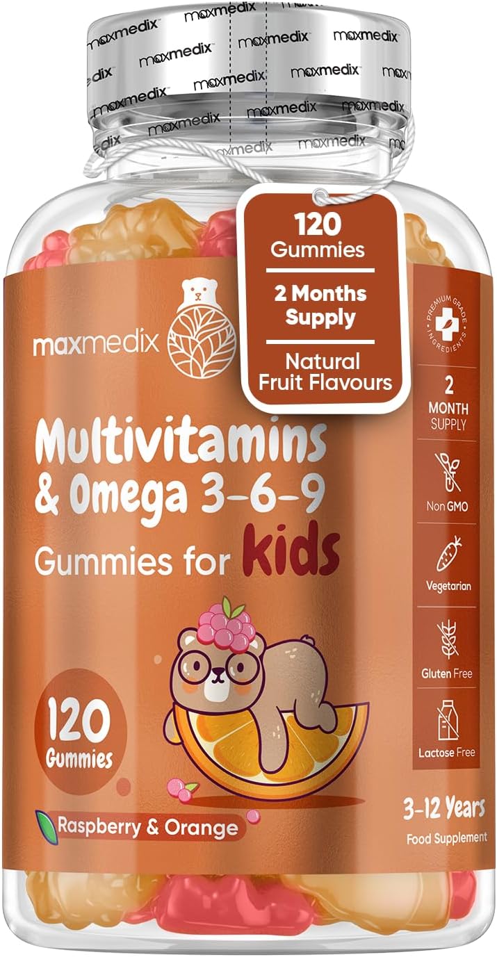 Multivitamin for Kids - 120 Natural Raspberry & Orange Flavour Chewable Gummies (2 Month Supply) - Low-Sugar Childrens Multivitamins with Zinc & Omega 3, 6 & 9 - Vegetarian Vitamins for Kids