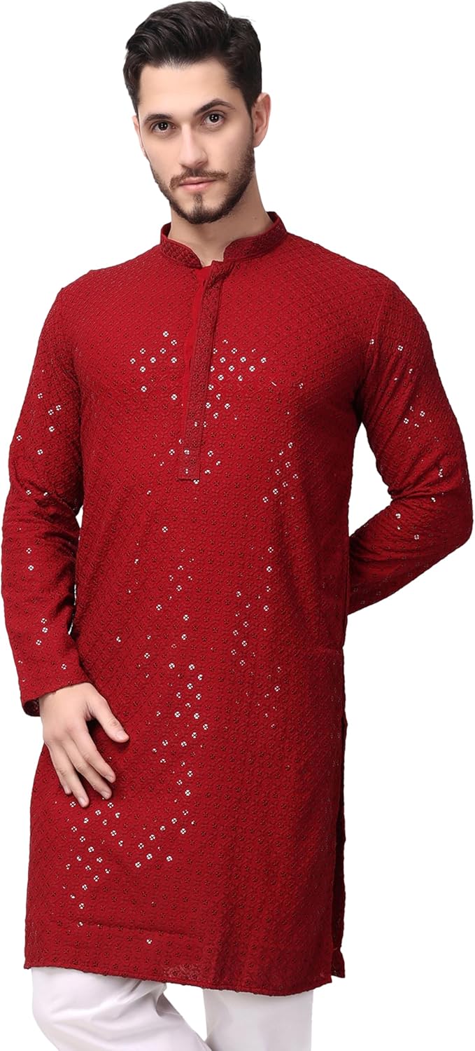 Aakrati Men's Silk Blend Sequence Mirror Work Kurta Indian Mens Designer Kurta