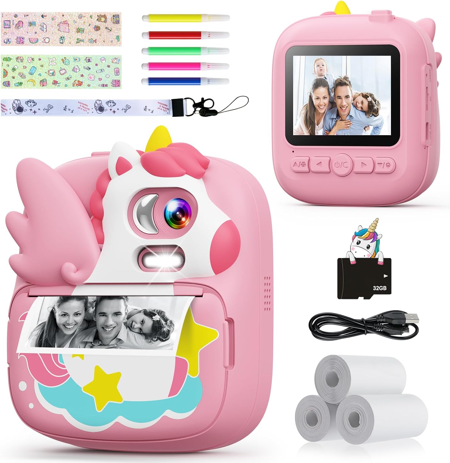CAMCLID Kids Instant Camera, 2.4’‘ Instant Print Camera for Kids with 32G Card & Print Photo Paper, 1080P HD Video, Christmas Birthday Gifts for Boys Girls Age 3-12 (Pink)