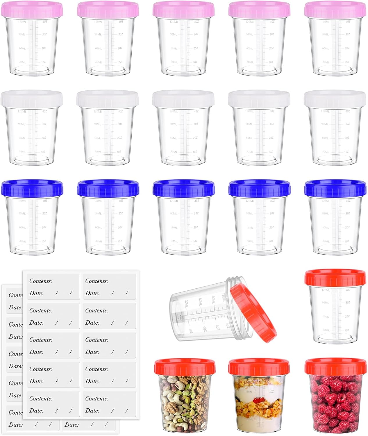 20Pcs Small Food Containers with Lids, 120ml 4oz Snack Pots with Lids & Date Stickers, Reusable Leakproof Airtight Small Plastic Containers for Food, Meal Prep, Sauce, Snack, Deli