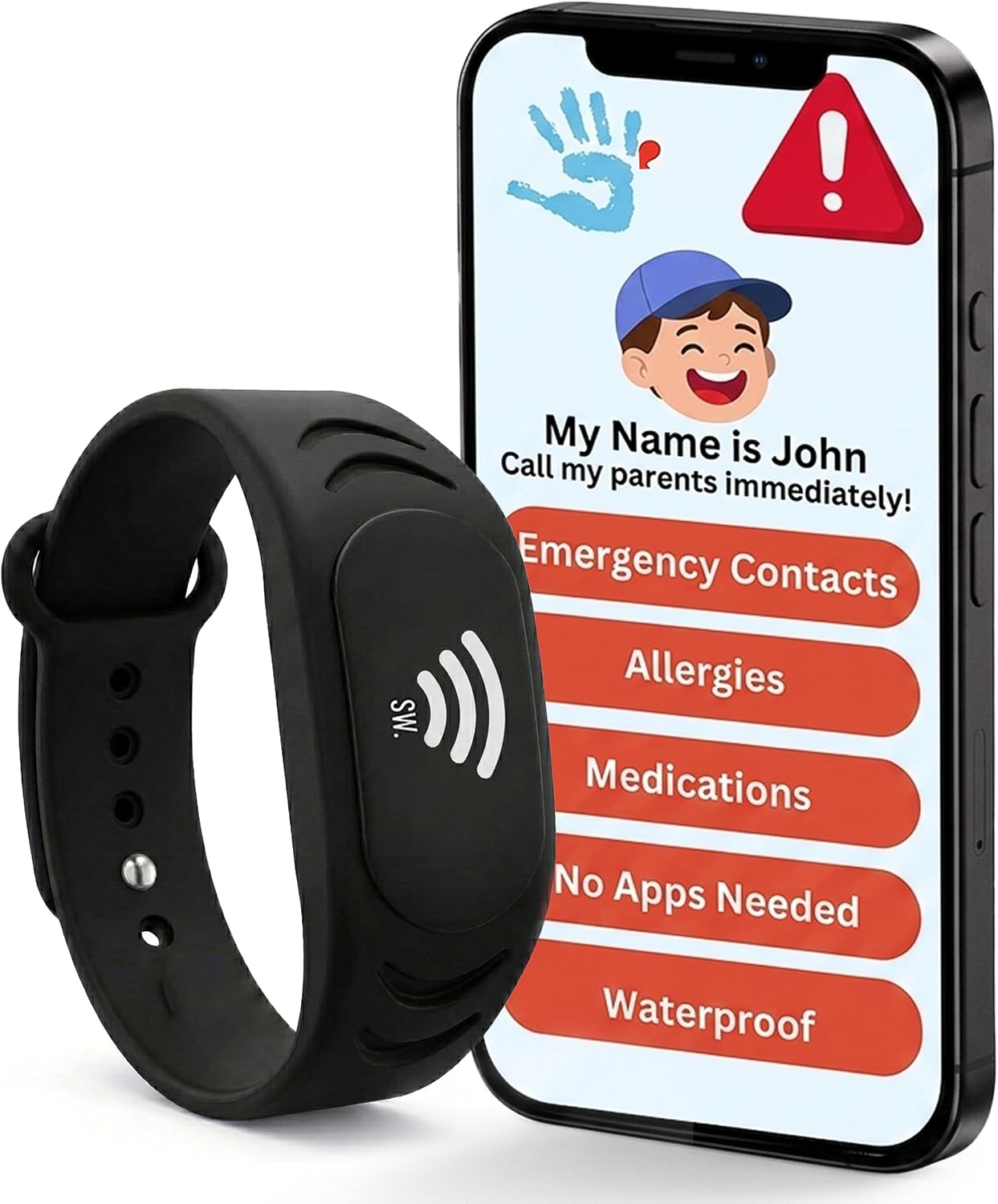 Adjustable Kids ID Bracelet, NFC Safety Band, Waterproof, No Subscription | Waterproof silicone; not GPS; nonverbal kids medical info; tap-to-scan emergency contact; adjustable band