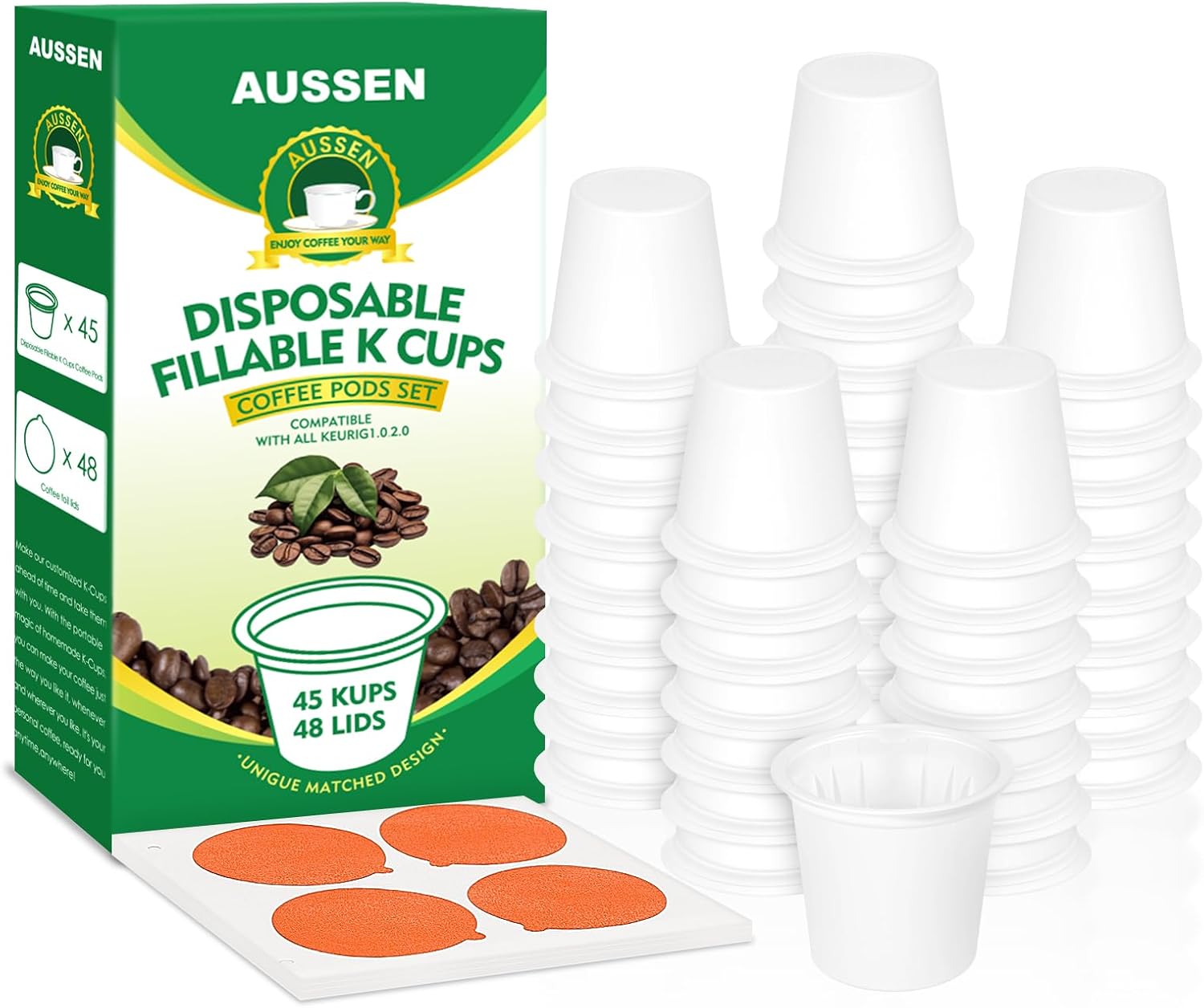 45 Count Disposable Fillable Empty K Cups Coffee Pods Set,Make Your Own K Cup Coffee Pods, Aluminum Foil Seals Lids Kit Compatible with All Keurig Coffee Brewers 1.0