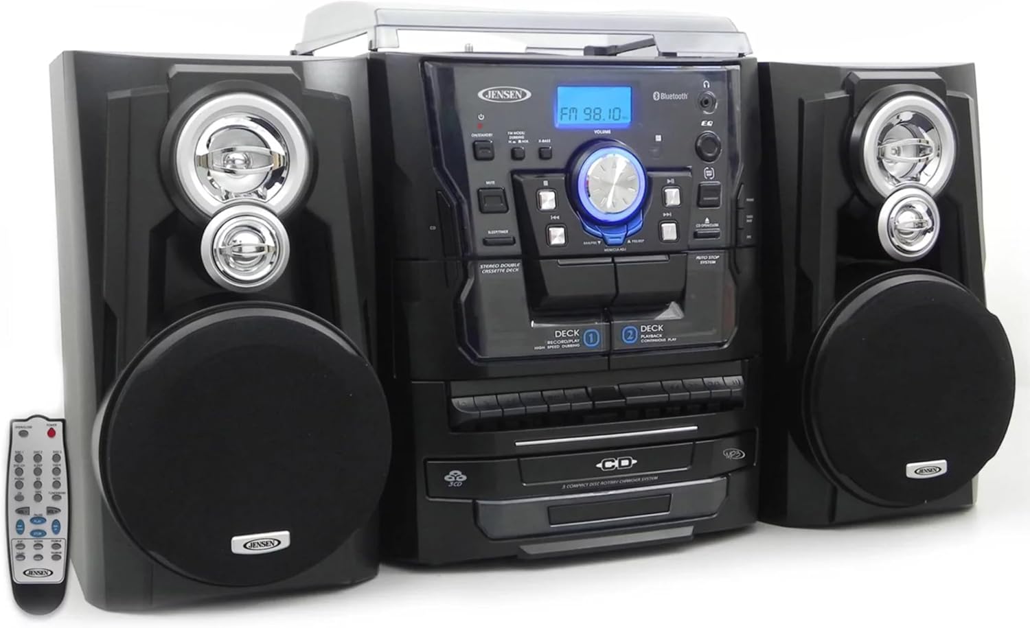 Jensen 3-Speed Turntable CD Player Home Stereo System with Turntable 3 CD Changer Music System, Dual Cassette Deck, Stereo Record Player with Remote Control, Black