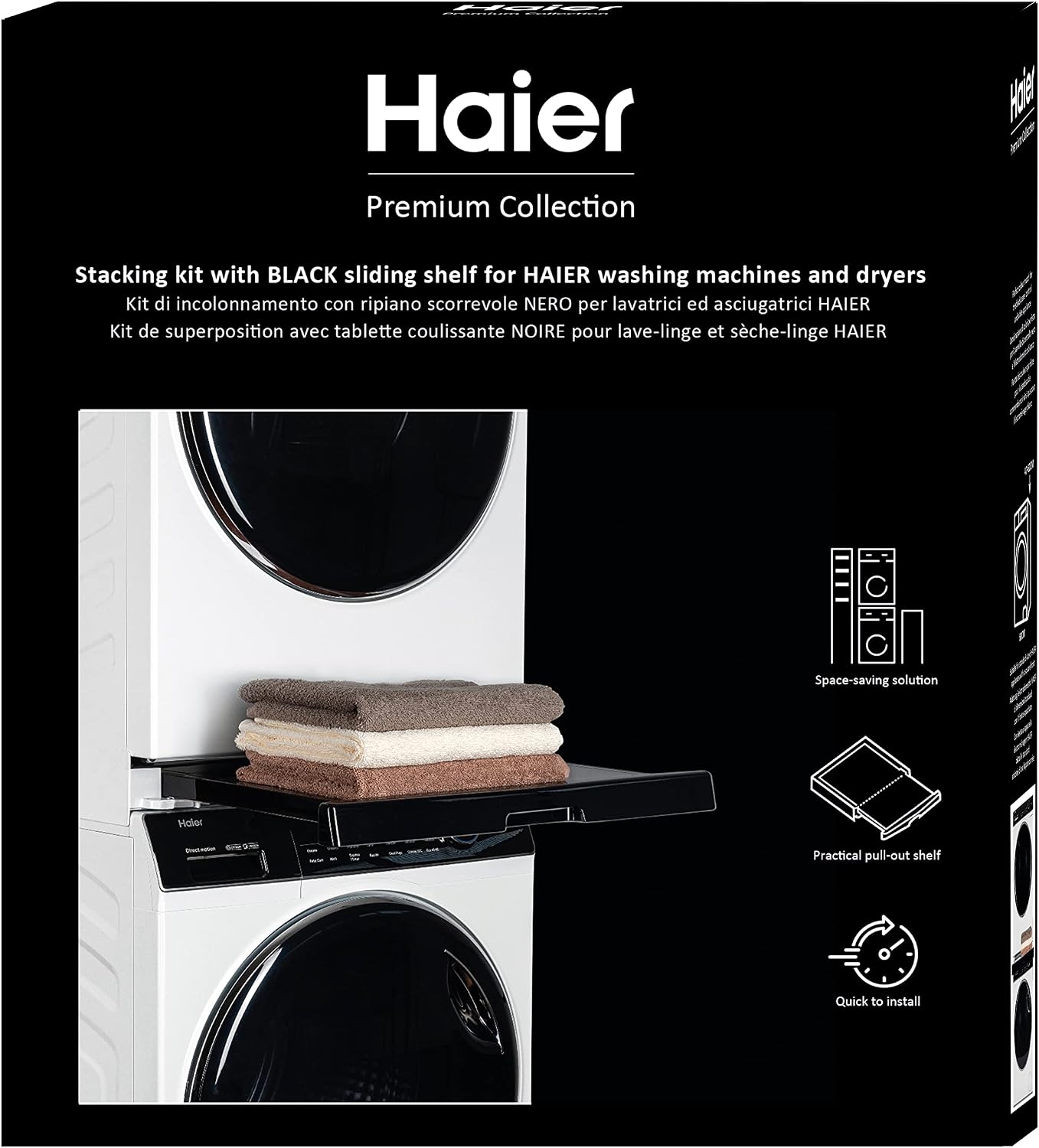 Haier Premium Universal Stacking Kit for Washing Machines and Tumble Dryers-Space-Saving - with Black Anti-Tipping Sliding Shelf-Perfect for Haier 3-5 and 7 Series Washing Machines and Tumble Dryers