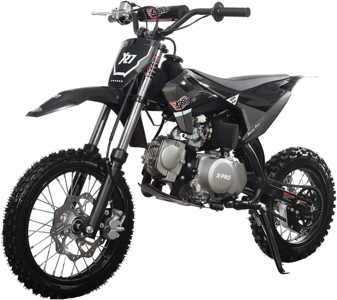 X-PRO X27 125cc Dirt Bike with 4-Speed Semi-Automatic Transmission, Kick Start, Big 14"/12" Tires! Cradle Type Steel Tube Frame! (Black)