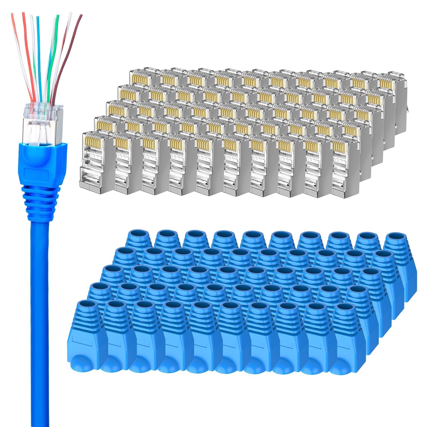 50-Pack Cat 6 Shielded Pass Through RJ45 Connectors + 50Pack RJ45 Boots, 8P8C Modular Ethernet STP Network Cable Plug End for Cat6 Cat5e