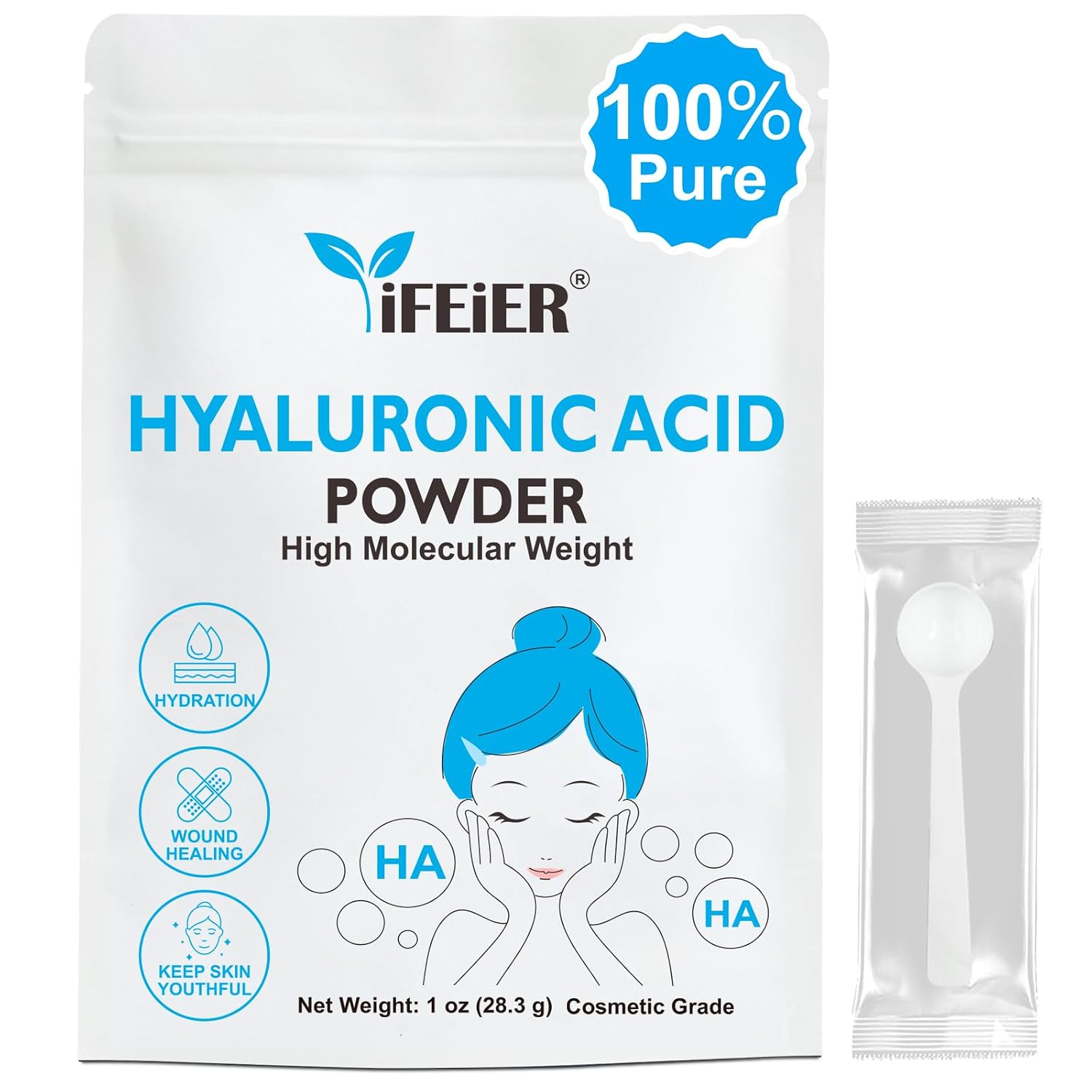 iFEiER Hyaluronic Acid Powder | High Molecular Weight Hyaluronic Acid Serum Powder | 1oz(28.3g) Cosmetics Grade | Sodium Hyaluronate | LMW HMW HA ingredient to make gel for DIY Serums
